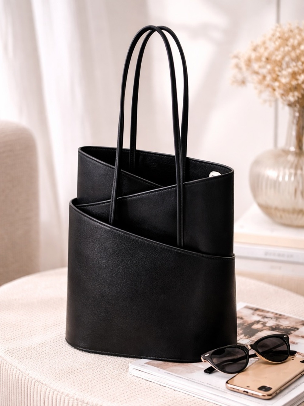 Cleo & Patek Black Leather Asymmetrical Zig Zag Tote Structured Shoulder Bag
